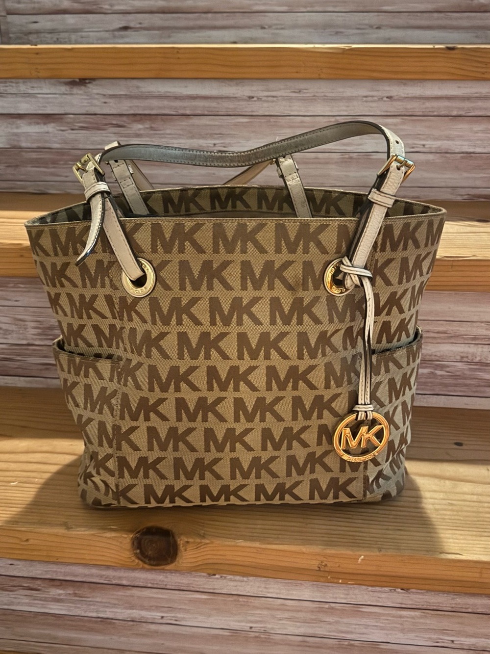 Michael Kors Tan Brown Signature MK Tote with Gold Accent